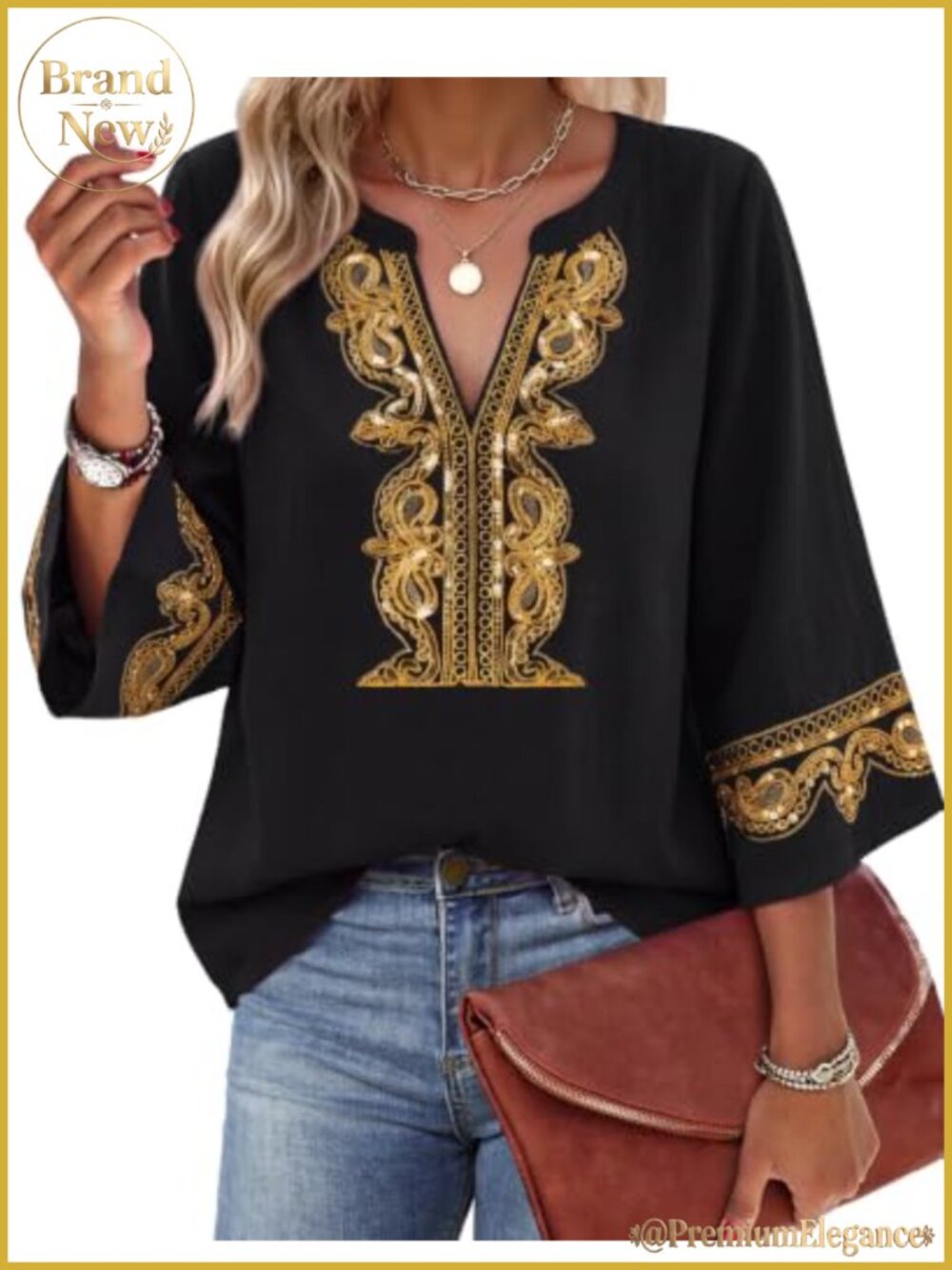 Embroidered Lace V-Neck Tunic Top 3/4 Bell Sleeve Boho Blouse